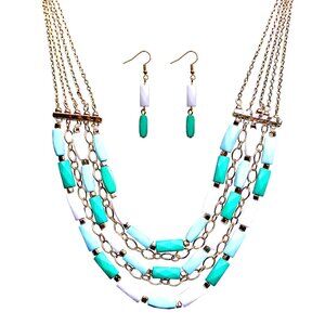 Multi row beaded necklace and earring set with layers of rectangle shap beads